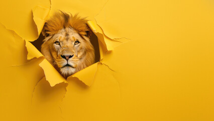 A majestic lion emerges from torn yellow paper, metaphorically breaking barriers and showing strength and breakthrough - obrazy, fototapety, plakaty