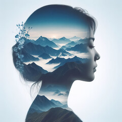 Double exposure of a woman's head with mountains in the background