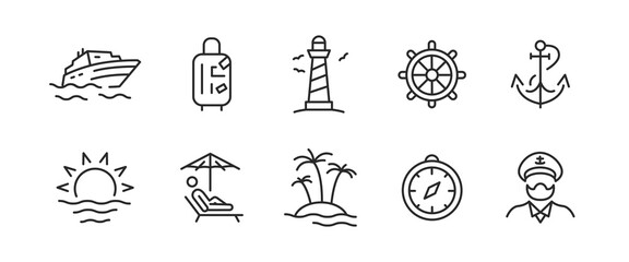 A set of 10 black outline icons standing for sea travel, tourism, and holiday topics.Yacht,suitcase,lighthouse,ship wheel,anchor,sun,lounge bed, island, on white background. Vector Illustration