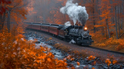 Historic Train Traveling Through Colorful Autumn Scenery, generative ai