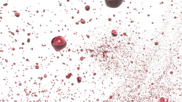 A bullet hits a drop of red liquid and many drops are formed on a white back 4k