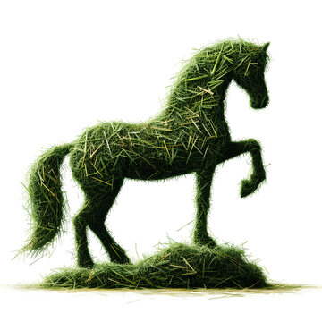 silhouette of horse made of grass and hay isolated on white background
