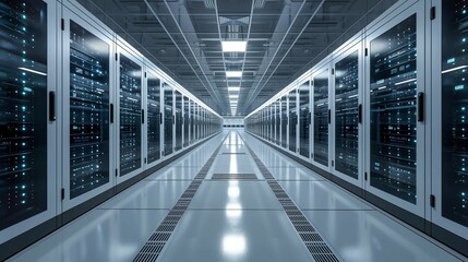 Naklejka premium Clean and Organized Server Room with Bright Lighting, generative ai