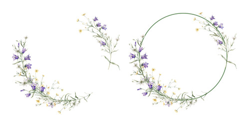 Wreath of yellow buttercup and white little flower and violet bluebell. Watercolor hand painting illustration on isolate. Circlet of meadow flowers. Botanical summer wildflower. - obrazy, fototapety, plakaty