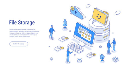 File storage concept. Conceptual template with man standing on laptop computer.Scene for electronic file organization service. For web banner, infographics, hero images. Flat isometric illustration