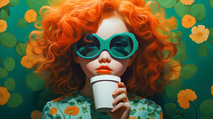 Portrait of a curly girl with a paper glass of coffee on a green background in watercolor style....