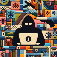 Felt art patchwork, committing cybercrime concept