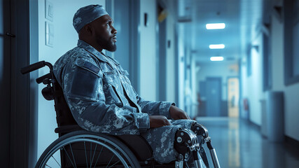 young military soldier disabled black man with prosthetic legs in invalid wheelchair on medicine hospital