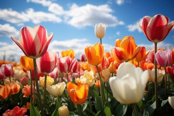 Obraz premium Vibrant Tulip Field Under Blue Sky Generative AI