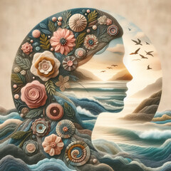 Felt art patchwork, Double exposure of a woman's head with seascape in the background