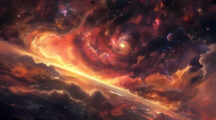 Galactic Nebula Fantasy An otherworldly depiction of a cosmic expanse, blending galaxies, nebulae, and celestial phenomena amidst a backdrop of stars and swirling clouds, evoking a sense of mystique  - obrazy, fototapety, plakaty