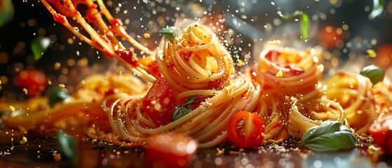 Obraz na płótnie Canvas A 3D pasta universe, with noodles and sauces swirling together for an Italian restaurant ad
