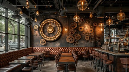Vintage Steampunk Lounge with Cogwheel Accents, generative ai