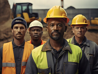 group portrait of construction workers with background of excavation machinery. - obrazy, fototapety, plakaty