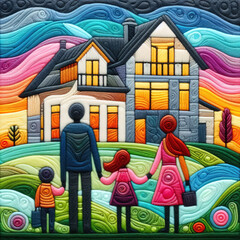 Obraz na płótnie Canvas Felt art patchwork, Happy family standing on a lawn, gazing at a contemporary new house
