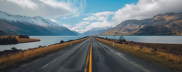 Countryside roadway between mountains and calm lake - obrazy, fototapety, plakaty