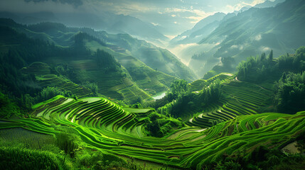 Bancales de arroz escalando una ladera en china - obrazy, fototapety, plakaty