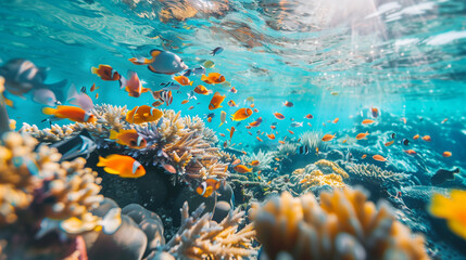 Peces de colores en un arrecife de coral con aguas turquesa