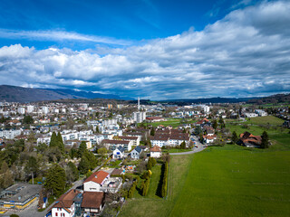 Stadt Biel im Berner Seeland mit Fluss Aare im Hintergrund Luftbild Bern Schweiz - obrazy, fototapety, plakaty