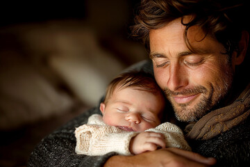 A happy father holds a newborn baby in his arms. Father's Day. Copy space - obrazy, fototapety, plakaty