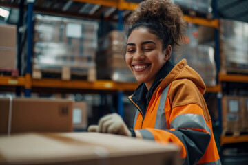 A woman in an orange jacket is smiling while working in a warehouse. She is wearing gloves and she is handling boxes - obrazy, fototapety, plakaty