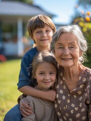 Joyful Grandmother Embracing Grandchildren in Garden