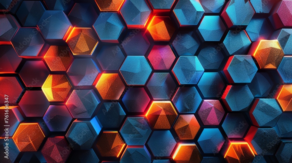 Poster vibrant hexagons interlocking in a seamless pattern, evoking the idea of interconnected systems and 