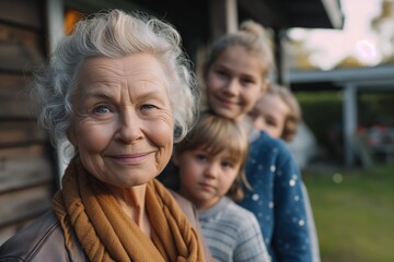 Joyful Grandmother Embracing Grandchildren in Garden - obrazy, fototapety, plakaty