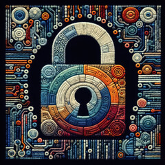 Felt art patchwork, Secure data lock symbol, representing the ongoing battle for cybersecurity and the protection of sensitive information in a high-tech world