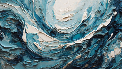 Deep sea blue merging into turquoise and aquamarine swirls. Artistic oceanic background. Textured canvas. - obrazy, fototapety, plakaty