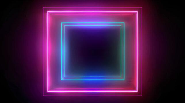 neon square frame. Glowing neon square frame, Modern futuristic abstract blue, red and pink neon glowing light square frame design in dark room background, 3D illustration