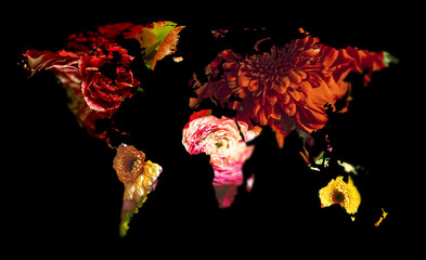 World map made of beautiful flowers on black background, banner design