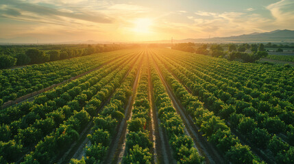 Sun setting over endless rows of vibrant vineyards in the countryside. - obrazy, fototapety, plakaty