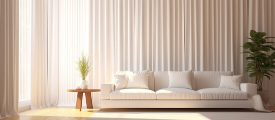 A cozy living room in a house, featuring a white couch, table, and plant near the window. The interior design includes wood elements for added comfort