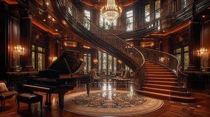 Obraz premium Luxurious Art Deco Design with Spiral Staircase and Grand Piano, generative ai