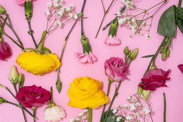 Vibrant flowers spread out on a pink background for a joyous visual