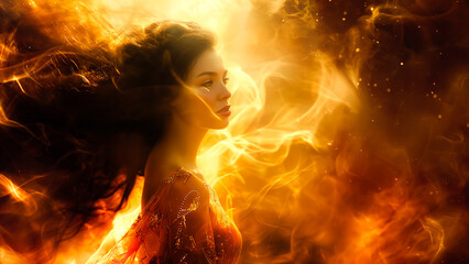 Portrait d'une femme flamboyant avec des jeux de lumière ardents, 8K - obrazy, fototapety, plakaty