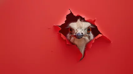 Gordijnen An ostrich brings a sense of surprise and humor as it pops through a vibrant red paper tear © Fxquadro