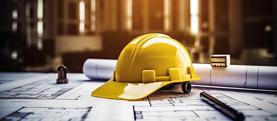 A yellow hard hat is placed on a blueprint in a building construction site, showcasing the importance of personal protective equipment in engineering and construction projects