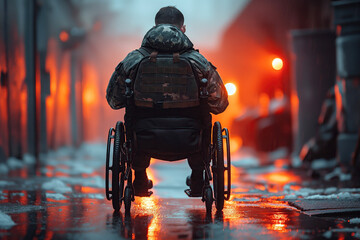 back of a lonely military disabled soldier man in a invalid wheelchair on a walk in street in city - obrazy, fototapety, plakaty
