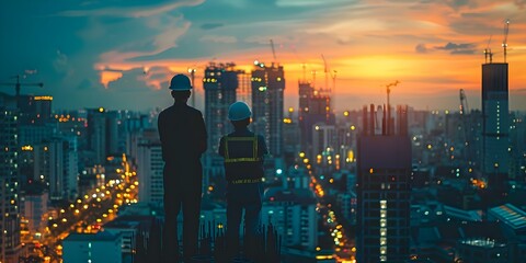 Engineers collaborate at dusk ensuring safety and precision in highrise construction. Concept Architecture, Engineering, Construction, Safety, Collaboration