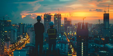 Fotobehang Engineers collaborate at dusk ensuring safety and precision in highrise construction. Concept Architecture, Engineering, Construction, Safety, Collaboration © Ян Заболотний