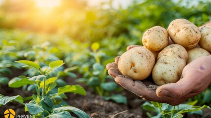 Golden potato held in hand, selection of potatoes on blurred background with copy space