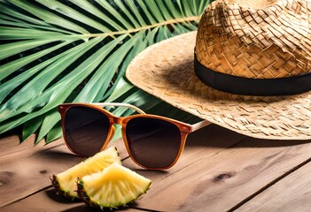 hat and sunglasses on the beach