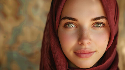 Graceful girl wearing burgundy hijab, her eyes sparkling with happiness.