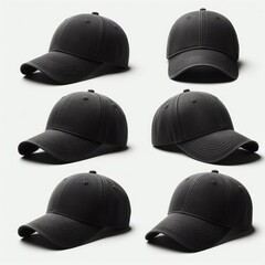 A set of black baseball caps isolated on a white background