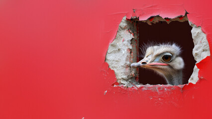An inquisitive ostrich's head peering out of a jaggedly torn hole in a bold red background, showcasing surprise and interest