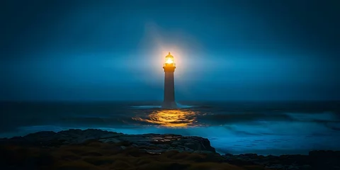 Zelfklevend Fotobehang A powerful image a guiding light from a lighthouse in the dark. Concept Photography, Lighthouse, Light Beam, Darkness, Inspiration © Ян Заболотний