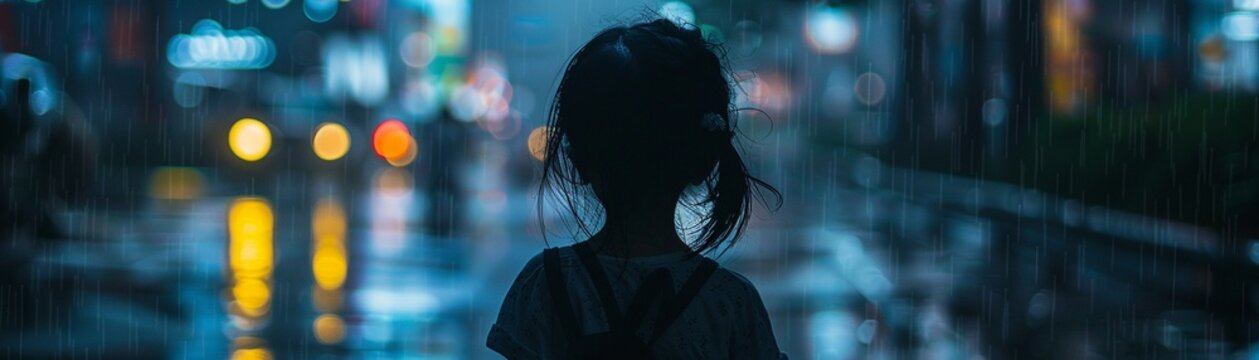 Silver Lining, Impoverished child, navigating bustling city streets, in the midst of a storm, photography, Silhouette lighting