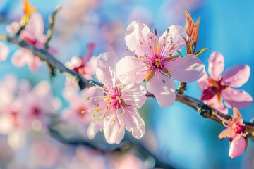 Obraz premium Beautiful almond tree tender pink bloom, close up spring of almond tree twigs on blue sky background
